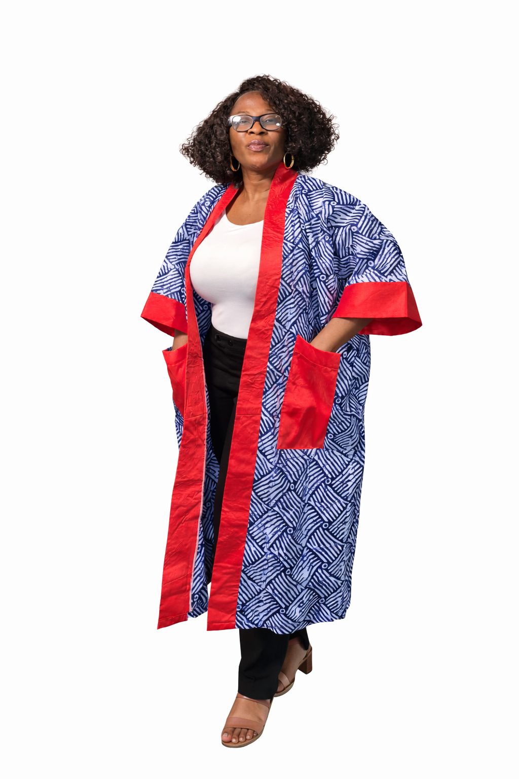 Adire Kampala Kimono – Red mikado + Blue Kampala