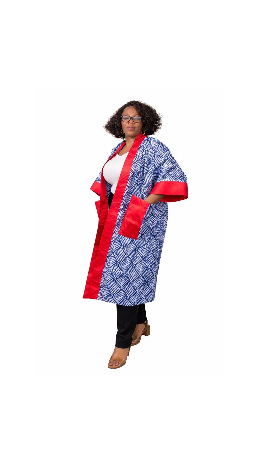 Adire Kampala Kimono – Red mikado + Blue Kampala