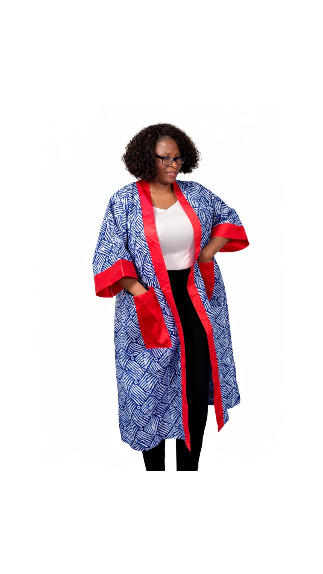 Adire Kampala Kimono – Red mikado + Blue Kampala